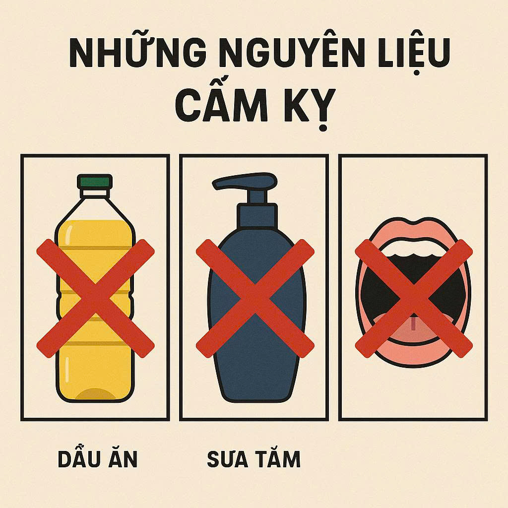 Infographic cảnh báo những nguyên liệu cấm kỵ không được dùng làm gel bôi trơn như dầu ăn, sữa tắm, nước bọt vì gây nguy hiểm cho sức khỏe.